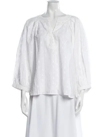 Pre-owned Figue V-neck Three-quarter Sleeve Blouse In White