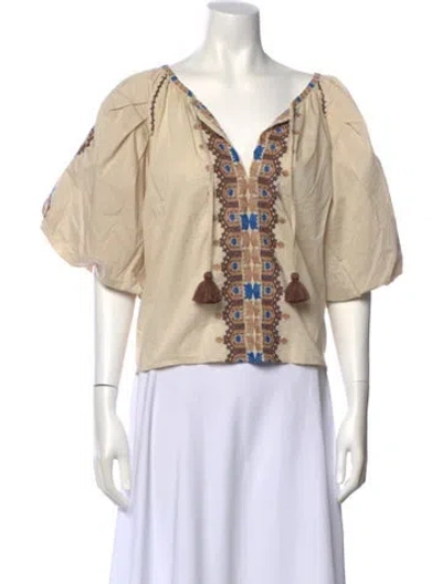 Pre-owned Figue V-neck Three-quarter Sleeve Crop Top In Neutral