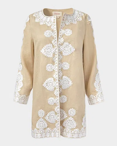 Figue Wren Embroidered Linen Open Jacket In Travertine Sand
