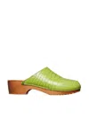 Figure Decorative Leather And Wood Clogs In Green
