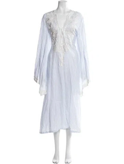 Pre-owned Fil De Vie Linen Long Dress In Blue/white