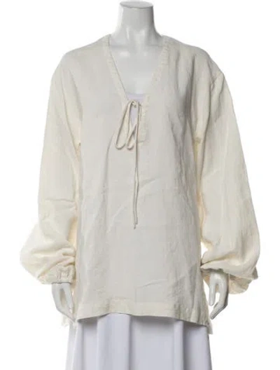 Pre-owned Fil De Vie Linen V-neck Top In Neutrals
