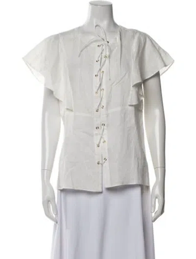 Pre-owned Fil De Vie Tie Neck Short Sleeve Blouse In White