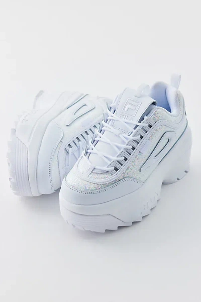 Fila Disruptor 2 Glitter Wedge Sneaker In White, Women's At Urban Outfitters In Blue