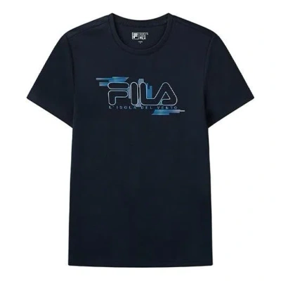 Fila Embroidered Logo Loose Knit Short Sleeve Blue In Black
