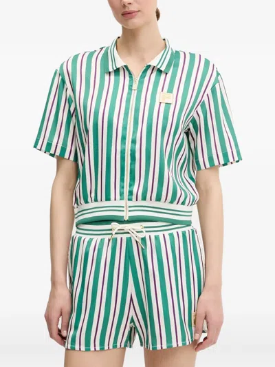 Fila Lassance Striped Cropped Polo Full-zip Shirt In Green