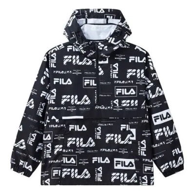 Fila Logo Full Print Hooded Loose Jacket Black