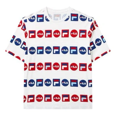 Fila Logo Full Print Sports Loose Round Neck Short Sleeve White