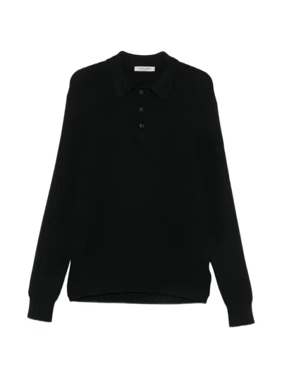 Fileria Waffle-knit Long-sleeve Polo Shirt In Black