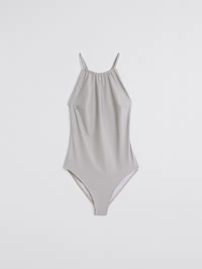 Filippa K Halter Printed Swimsuit In Beige Stripe Print