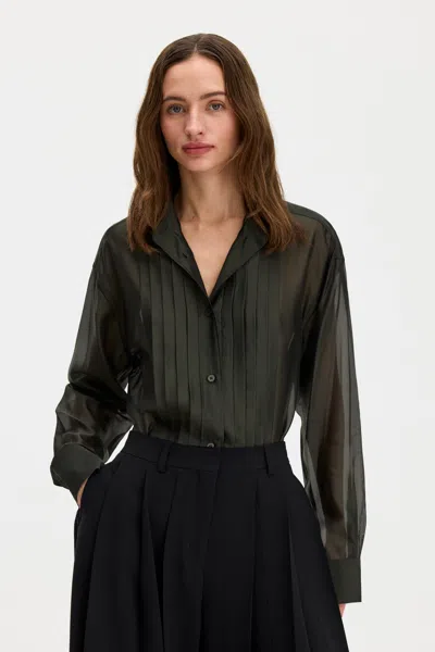 Filippa K Pleated Stand Collar Shirt In Night Green