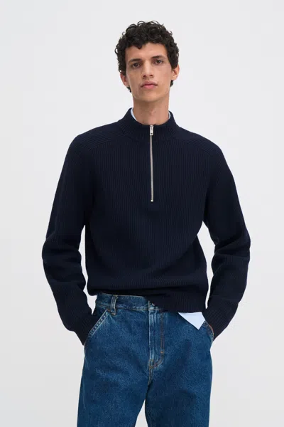 Filippa K Ribbed Wool Half Zip Sweater In Blue