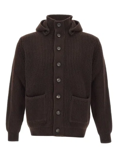 Filippo De Laurentiis Hooded Ribbed Cardigan In Brown