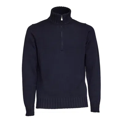 Filippo De Laurentiis Merino Wool Half-zip Knitwear With Ribbed Details In Blue