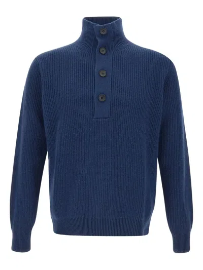 Filippo De Laurentiis Ribbed High-neck Button Sweater In Blue