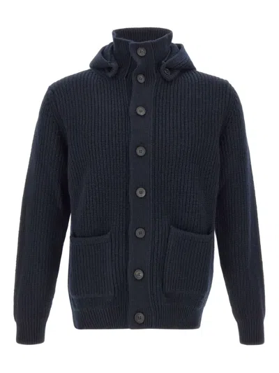 Filippo De Laurentiis Ribbed Hooded Cardigan In Blue