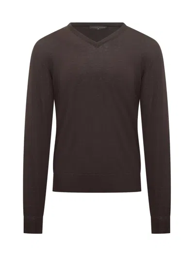 Filippo De Laurentiis V-neck Merino Wool Long-sleeve Sweater In Brown