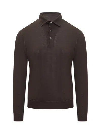 Filippo De Laurentiis Wool-silk Polo Shirt With Elevated Collar In Brown