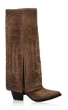 Filles À Papa Dallas Fold Over Embroidered Vintage-effect Suede High Western Boots In Brown