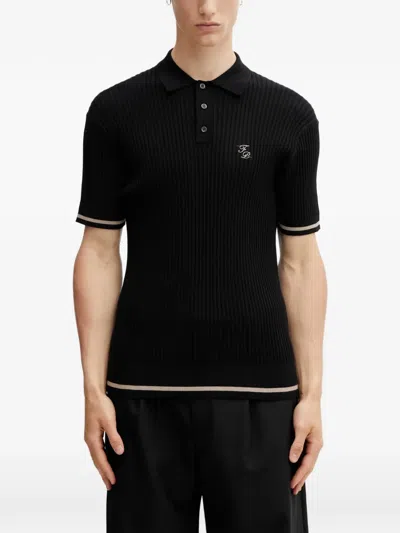 Filling Pieces Ribbed-knit Logo-embroidered Polo Shirt In Black