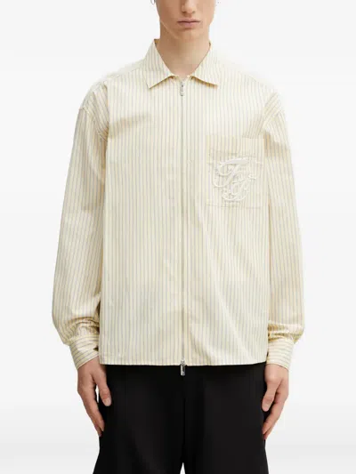 Filling Pieces Striped Embroidered-logo Shirt In Neutral