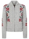 Filson Floral Jacquard Wool Cardigan With Zip Closure And Patch Pockets In Blue