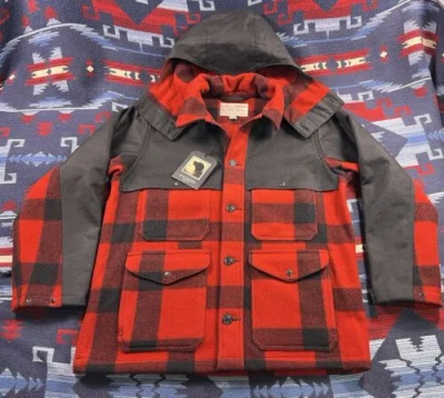 Pre-owned Filson Hooded Mackinaw 24oz Wool Double Coat Cruiser Jacket Waxed Tin Cloth In Red Black