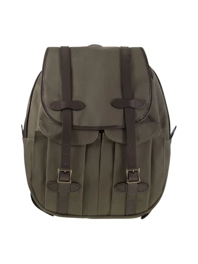 Filson Twill Fabric Backpack With Leather Accents And Functional Design In Green