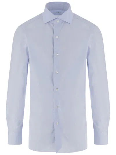 Finamore 1925 Cotton-blend Casual Shirt With Classic Collar And Curved Hem In Blue