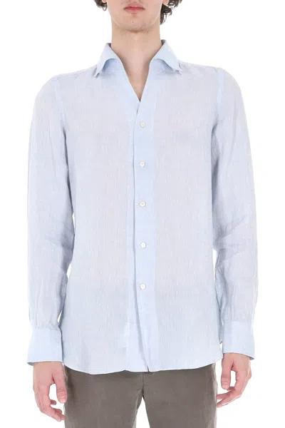 Finamore 1925 Ustica Open Collar Pure Linen Shirt In Blue