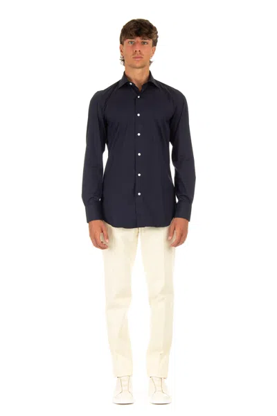 Finamore 1925 Stretch Poplin Tailored Shirt Milano Line In Blue