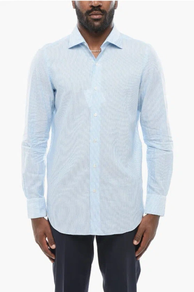 Finamore 1925 Hairline Patterned Linen Blend Shirt In Blue