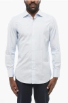 Finamore 1925 Hairline Patterned Popeline Shirt With Standard Collar In Blue