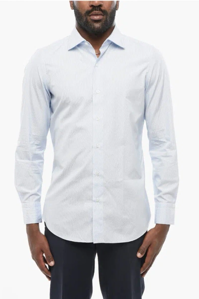 Finamore 1925 Hairline Patterned Popeline Shirt With Standard Collar In Blue