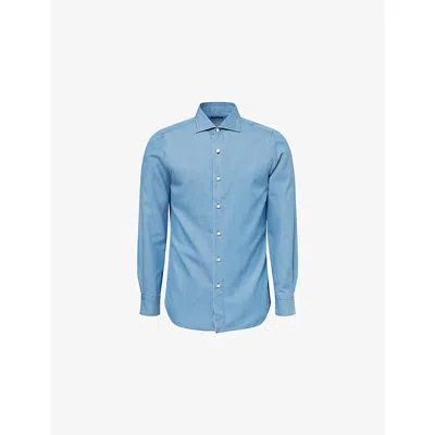 Finamore 1925 Mens Blu Denim Classic-collar Long-sleeve Cotton Chambray Shirt In Blue