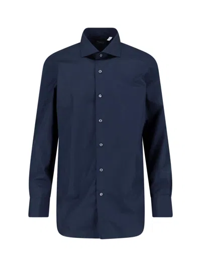 Finamore 1925 Tailored White Shirt With Button-down Front And Pointed Collar In Blue