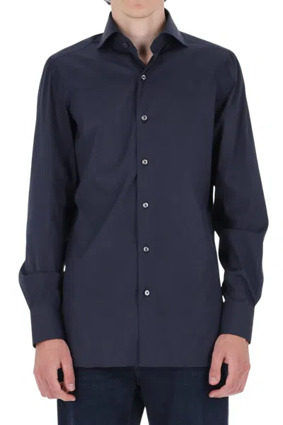 Finamore 1925 Napoli Poplin Stretch Cotton Shirt In Blue