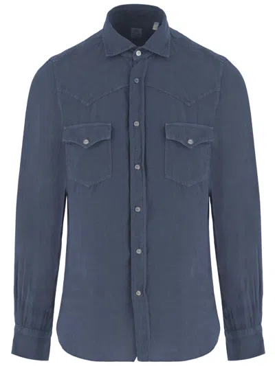 Finamore 1925 Navy Linen Shirt With Classic Collar And Adjustable Cuffs In Blue