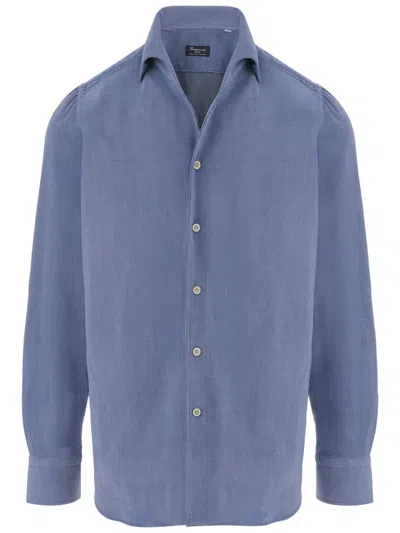 Finamore 1925 Ribbed Cotton Shirt With Buttoned Cuffs And Curved Hem In Blue