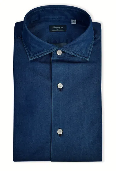 Finamore 1925 Stone Washed Denim Tailored Shirt Milano Line In Blue