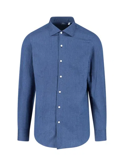 FINAMORE 1925 STRUCTURED BLUE COTTON SHIRT WITH CLASSIC COLLAR