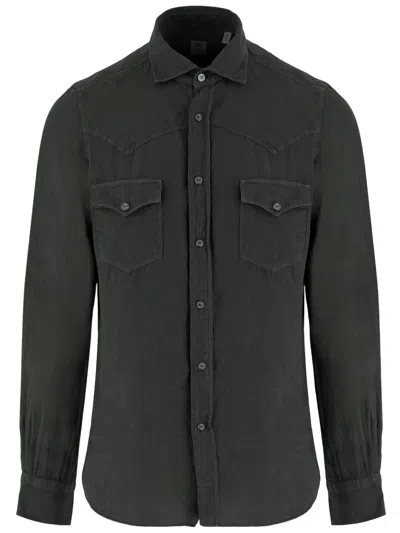 Finamore 1925 Textured Linen Shirt With Classic Collar In Black