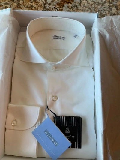 Pre-owned Finamore $650  White Herringbone Cotton Shirt (alumo Fabric) - 16.5