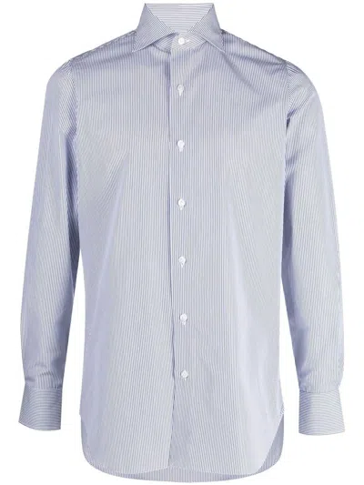 Finamore White And Light Blue Cotton Shirt In Rig Blu