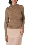 Find Me Now Ruched Boat Neck Top In Brown
