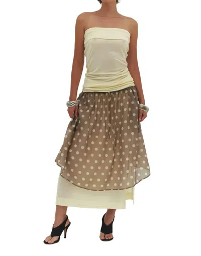 Find Me Now Ruched Polka Dot Midi Skirt In Mocha In Brown
