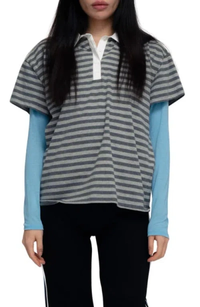 Find Me Now Wooju Layered Sleeve Polo T-shirt In Heather Gray