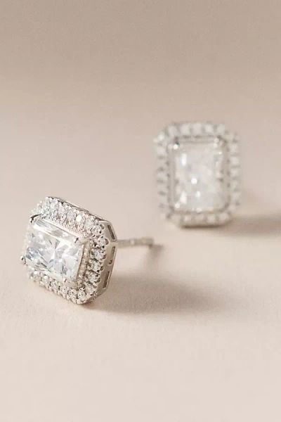 Fine Diamonds By Anthropologie Emerald-cut Halo Diamond Stud Earrings In Silver