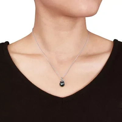 Fine Jewelry 1/10 Ct. T.w. Diamond & Black Tahitian Pearl Sterling Silver Necklace And Earring Set