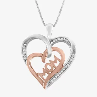 Fine Jewelry 1/10 Ct.t.w. Natural Diamond "mom" Heart Necklace In Sterling Silver And 14kt Rose Gold Over Silver" In Transparent